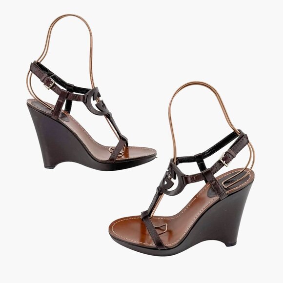 Gucci GG Interlock Cutout Wedge Sandals Size 7.5 Brown Leather Logo Platform - Picture 8 of 16